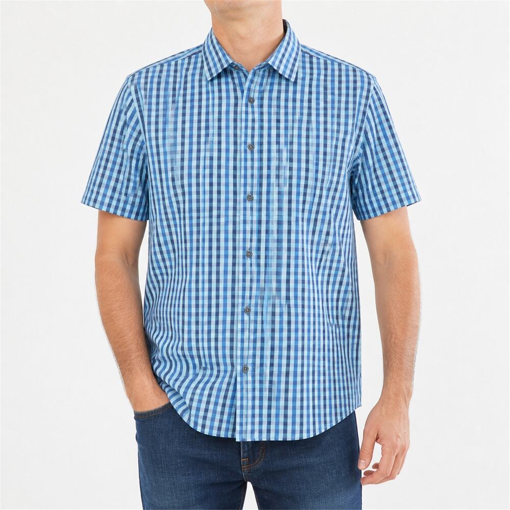 Bugatchi Shirt Mens Large Checked Shaped Fit Button Down Short Sleeve